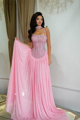 Pretty Pink Spaghetti-Straps Chiffon Prom Dresses Floor Length Sleeveless With Beads-Ballbella