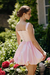 Pretty Pink Square Straps A-Line Satin Homecoming Dress Sleeveless Mini Lace-Up Back With Flower-Ballbella