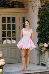 Pretty Pink Square Straps A-Line Satin Homecoming Dress Sleeveless Mini Lace-Up Back With Flower-Ballbella