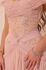 Pretty Pink V-Neck Off-The-Shoulder Chiffon Prom Dresses A-Line Beads With Pleats-Ballbella