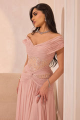 Pretty Pink V-Neck Off-The-Shoulder Chiffon Prom Dresses A-Line Beads With Pleats-Ballbella