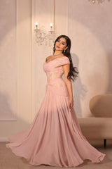 Pretty Pink V-Neck Off-The-Shoulder Chiffon Prom Dresses A-Line Beads With Pleats-Ballbella