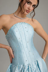 Pretty Sky Blue Strapless Sleeveless Satin Prom Dresses A-Line Beads With Pleats Zipper-Ballbella