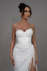 Pretty White Sweetheart Strapless Sleeveless Lace Prom Dresses Mermaid With High Split-Ballbella