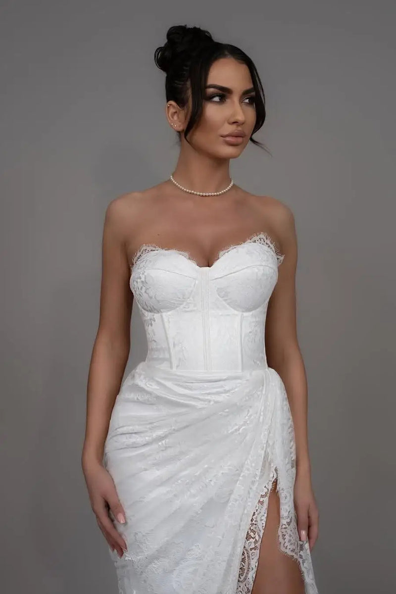 white strapless dress with split Unique Long Mermaid Evening Dresses Prom Dresses QueenaBridal The World Is At My Feet Ivory Embroidered Wedding Dress with
