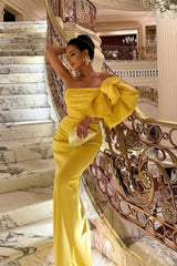 Pretty Yellow Strapless Mermaid Satin Prom Dress Sleeveless Long On Sale-Ballbella