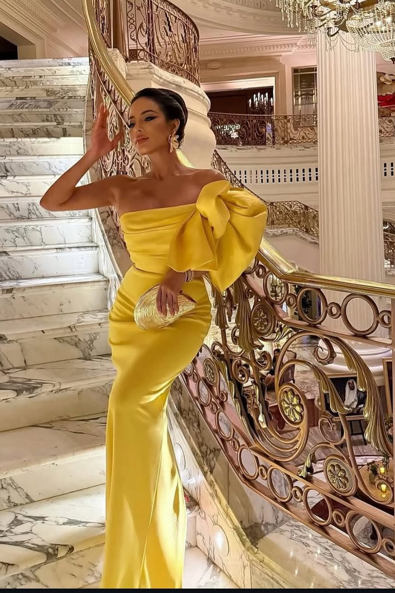 fitted lace wedding dress Bright Yellow Elastic Satin Off The Shoulder Mermaid Slit Evening Dresses, CP0064 US10 / Custom Color(Leaving A note) main image 1