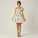 Elegant Square Short Sleeves Homecoming Dresses Mini With Zipper Criss-Cross Back