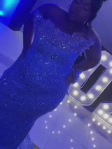 Elegant Blue Strapless Sleeveless Mermaid Prom Dresses Sheath Long With Gem