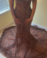 Elegant Sparkle Brown Mermaid Court Train V-neck Sleeveless Prom Dresses
