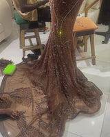 Elegant Sparkle Brown Mermaid Court Train V-neck Sleeveless Prom Dresses