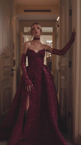 Luxury Burgundy Strapless A-line Princess Floor length Prom Dresses