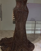 Elegant Sparkle Brown Mermaid Court Train V-neck Sleeveless Prom Dresses