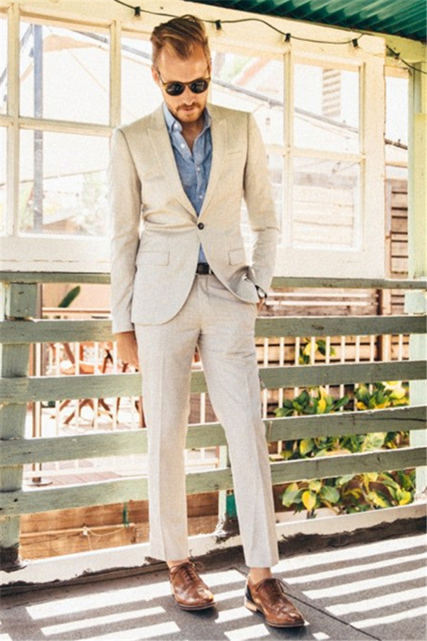 Pricey Ivory Linen Men Suits for Wedding Two-piece Slim Groom Prom Men Tuxedo-Ballbella
