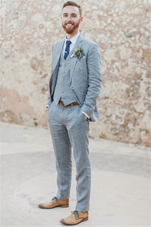 Pricey Summer Blue Linen Beach Wedding Suits Bespoke Men Casual Male Beach Groom Tuxedo-Ballbella