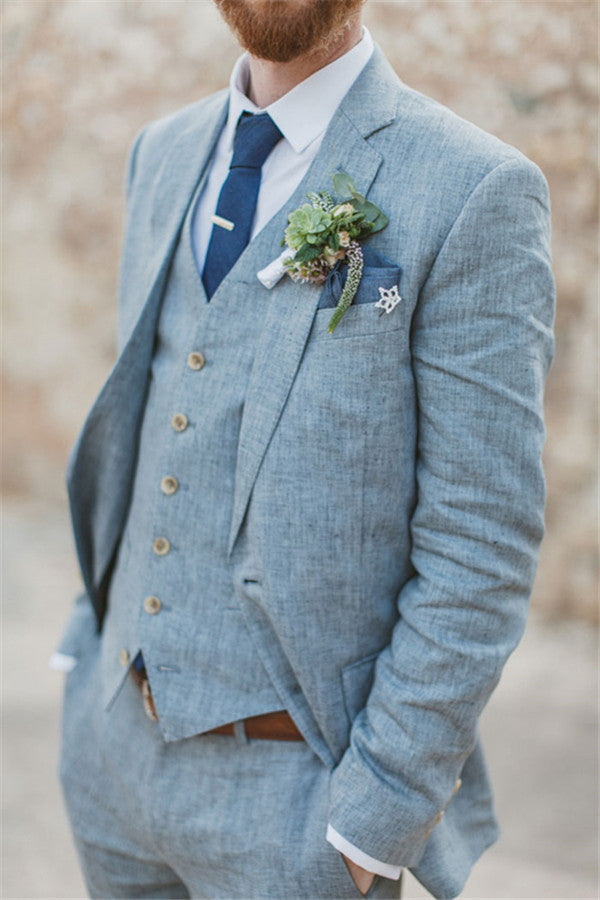 Pricey Summer Blue Linen Beach Wedding Suits Bespoke Men Casual Male Beach Groom Tuxedo-Ballbella