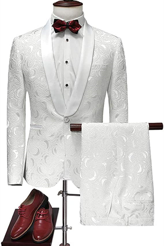 Pricey White Jacquard Suits for Wedding Tuxedos Groom Wear Shawl Lapel Groomsmen Outfit Man Blazers 3Piece-Ballbella