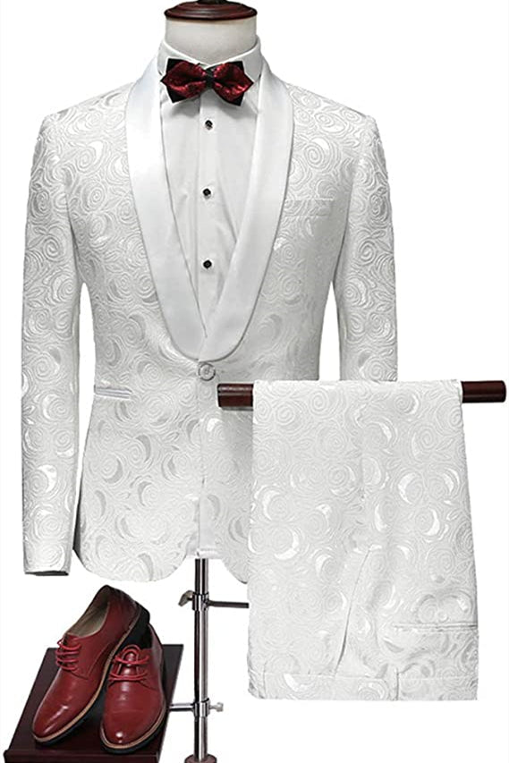 Ballbella made this Pricey White Jacquard Suits for Wedding Tuxedos Groom Wear, Shawl Lapel Groomsmen Outfit Man Blazers 3Piece with rush order service. Discover the design of this White Jacquard Shawl Lapel Single Breasted mens suits cheap for prom, wedding or formal business occasion.