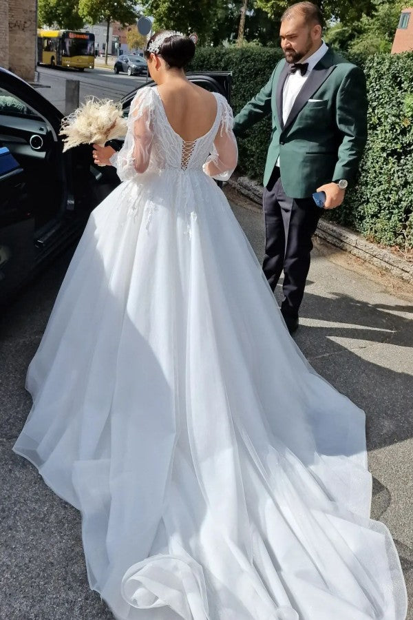 Princess Long V-Neck Long Lace Wedding Dresses Online With Long Sleevess-Ballbella