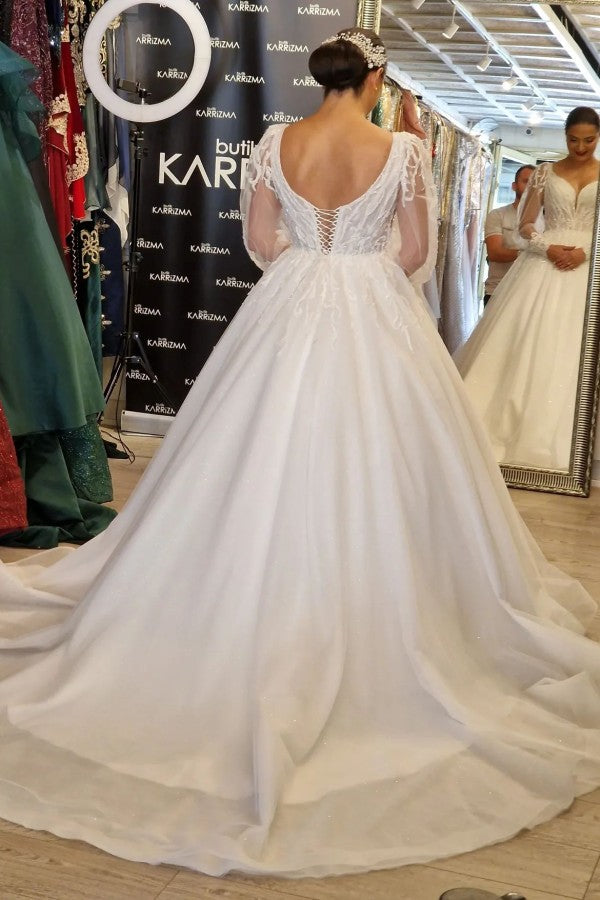 Princess Long V-Neck Long Lace Wedding Dresses Online With Long Sleevess-Ballbella