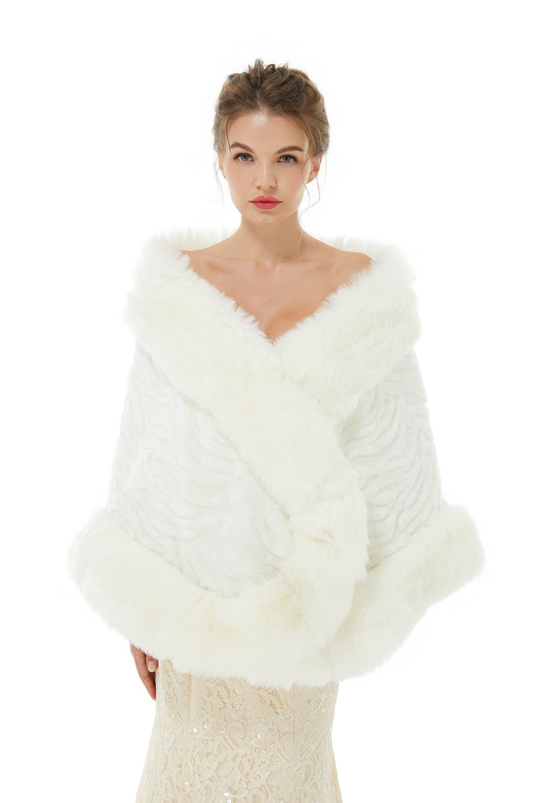 Pure White Warm Faux Fur Shawl For Bride For Winter-Ballbella