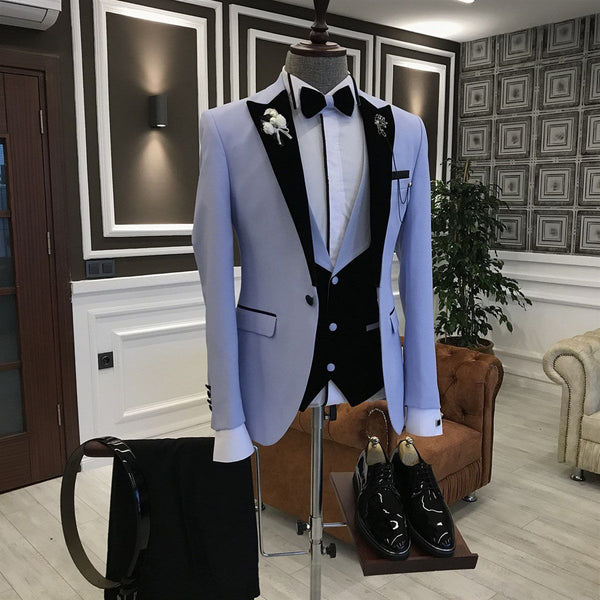 Purple 3-Pieces Black Peaked Lapel Slim Fit Men's Prom Suits-Ballbella