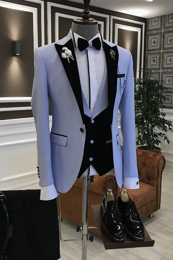 Purple 3-Pieces Black Peaked Lapel Slim Fit Men's Prom Suits-Ballbella