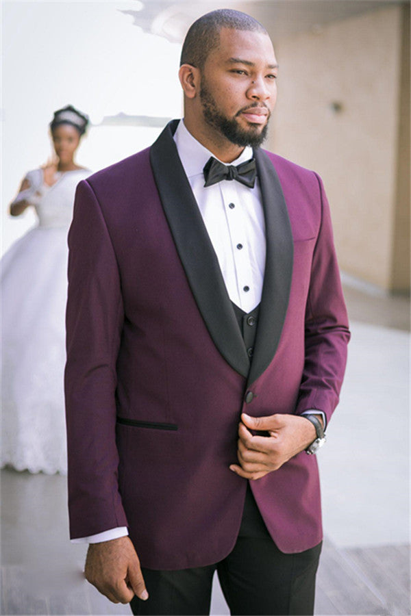 Glamorous Purple Shawl Lapel 3 Piece Jacquard Wedding Suit