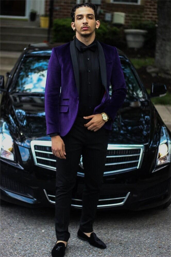 Purple Velvet Prom Party Suits Two Piece Men Suit with Black Lapel