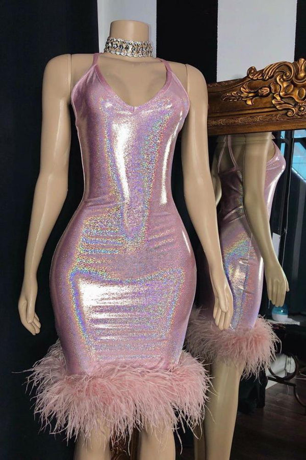 Radiant Mermaid V-neck Sleeveless Homecoming Dresses with Furs-Ballbella