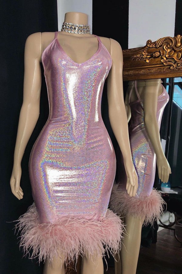 Radiant Mermaid V-neck Sleeveless Homecoming Dresses with Furs-Ballbella