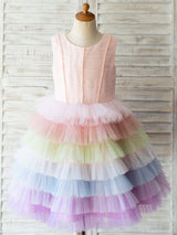 flower girl dresses Rainbow Color Jewel Neck Tulle Sleeveless Knee Length Princess Silhouette Pearls Kids Social Party Dresses