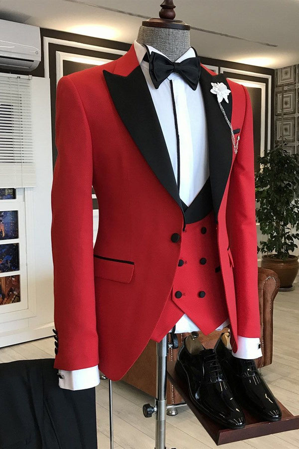 Red 3-Pieces Black Peaked Lapel Prom Suits For Men-Ballbella
