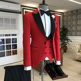 Red 3-Pieces Black Peaked Lapel Prom Suits For Men-Ballbella