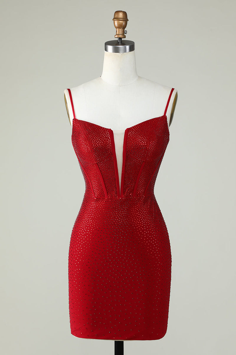 Red Beaded Sheath Spaghetti Strap Homecoming Dress Red Beaded Sheath Spaghetti Strap Homecoming Dress