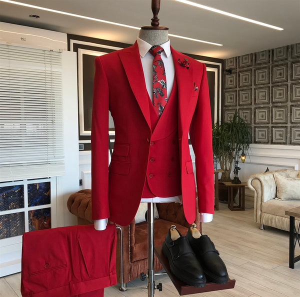 Red Bespoke Three Pieces Peaked Lapel Men's Prom Suits-Ballbella