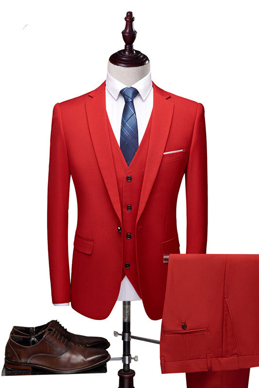 Ballbella made this Red Fashion Notched Lapel Tuxedo, Bespoke Three Pieces Men Suits with rush order service. Discover the design of this Red Solid Notched Lapel Single Breasted mens suits cheap for prom, wedding or formal business occasion.