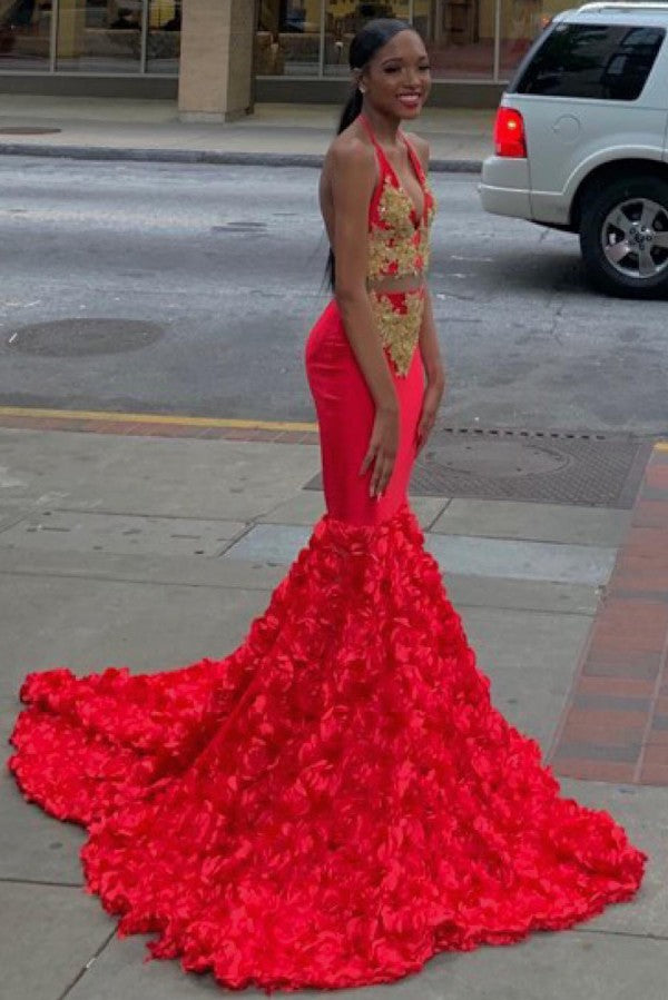 Looking for Prom Dresses, Evening Dresses in Satin,  Mermaid style,  and Gorgeous Appliques work? Ballbella has all covered on this elegant Red Halter Appliques 3D-floral Sweep Train Mermaid Prom Dresses.