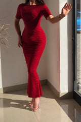 Red Jewel Short-Sleeve Mermaid Glitter Evening Dresses-Ballbella