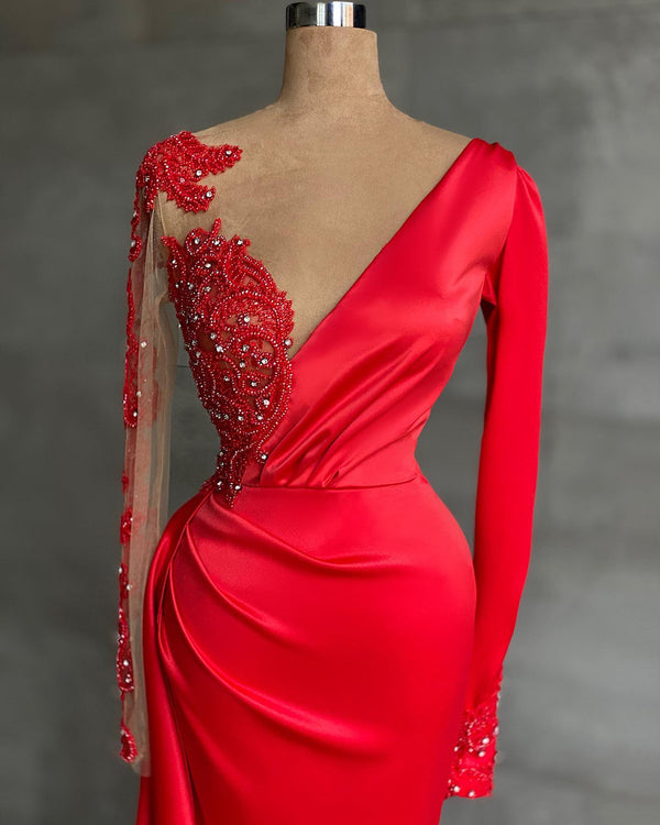 Red Long Sleeve V-Neck Mermaid Prom Dress Online With Beadings-Ballbella