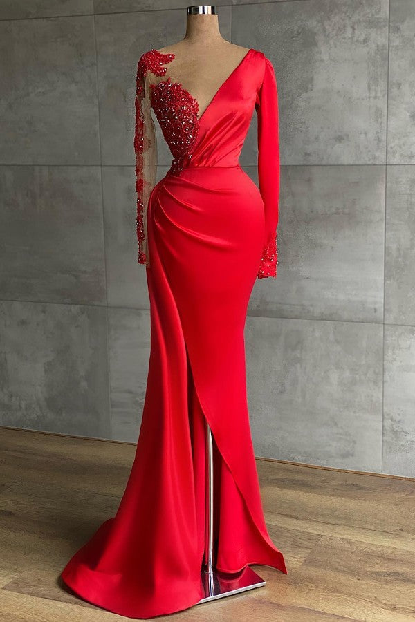 Red Long Sleeve V-Neck Mermaid Prom Dress Online With Beadings-Ballbella