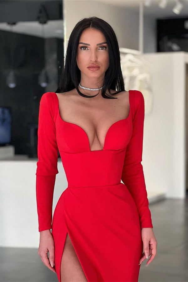 Red Long Sleeves V-Neck Evening Dress Mermaid With Slit On Sale Red Long Sleeves V-Neck Evening Dress Mermaid With Slit On Sale