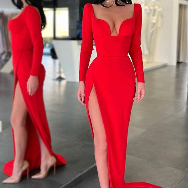 Red Long Sleeves V-Neck Evening Dress Mermaid With Slit On Sale – Ballbella
