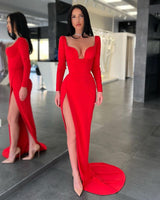 Red Long Sleeves V-Neck Evening Dress Mermaid With Slit On Sale-Ballbella