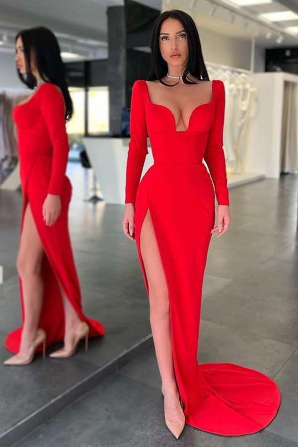 Red Long Sleeves V-Neck Evening Dress Mermaid With Slit On Sale-Ballbella