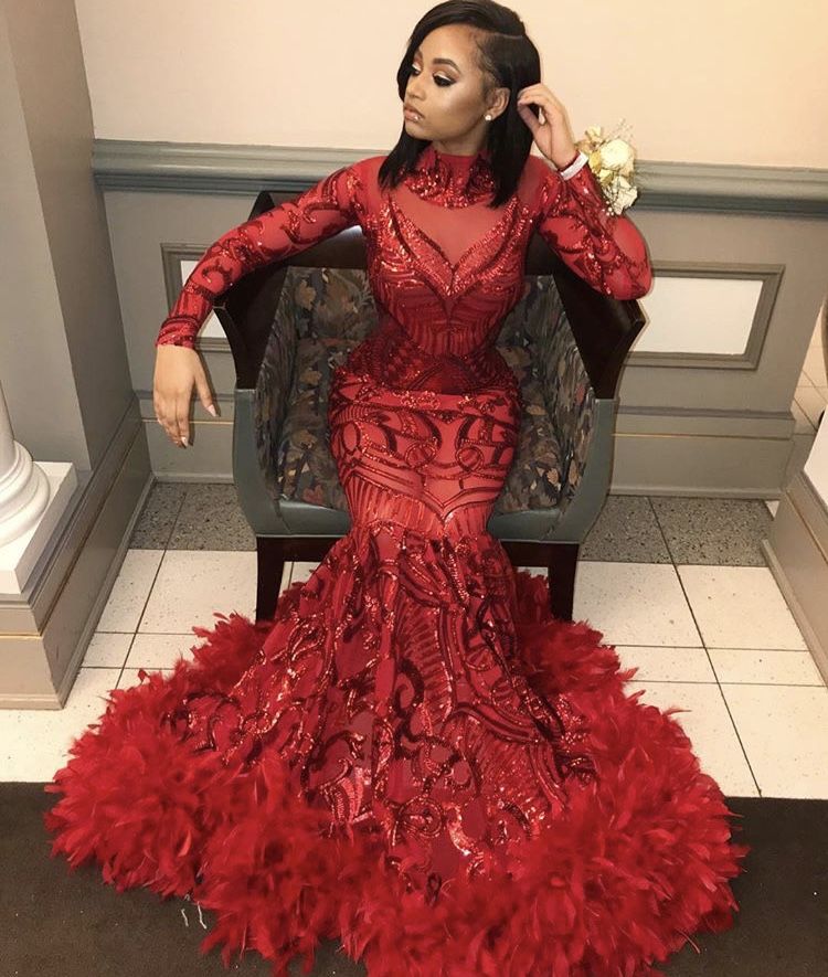 Red Sheer Lace Long Sleeve Mermaid Floor Length Prom Dress