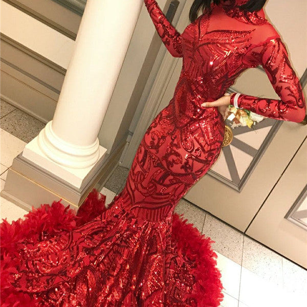 Red Mermaid Sequins Long Sleevess High Neck Prom Dresses