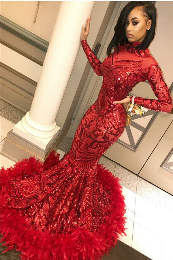 Ballbella offers Red Mermaid Sequins Long Sleevess High Neck Prom Dresses at a cheap price from Same as Picture, Gold, Royal Blue, Black,  Sequined to Mermaid hem. Gorgeous yet affordable Long Sleevess Prom Dresses, Evening Dresses.