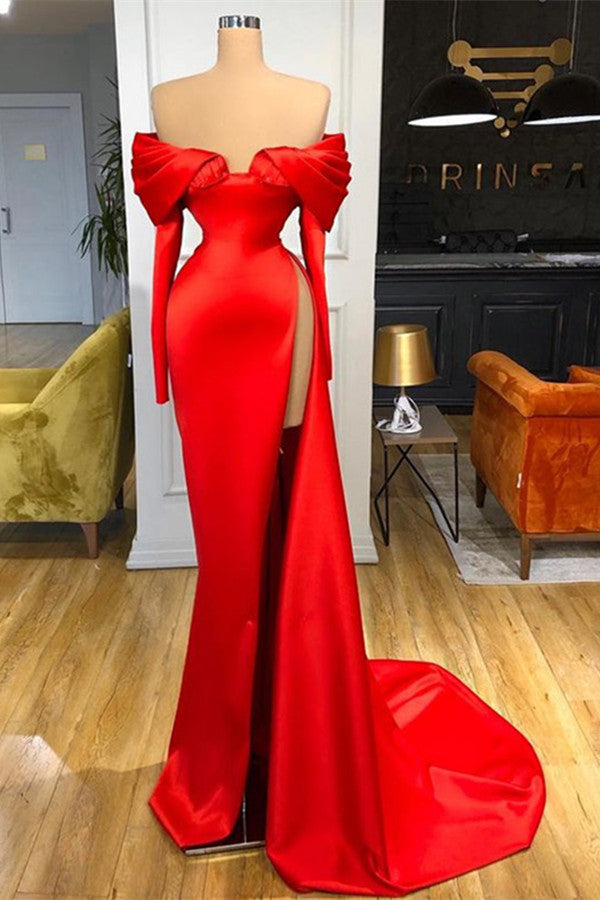 Red Off-the-Shoulder Long Sleeves Prom Dress Mermaid With High Split-Ballbella