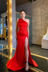 Red One Shoulder Mermaid Evening Dress Slit Long Online-Ballbella